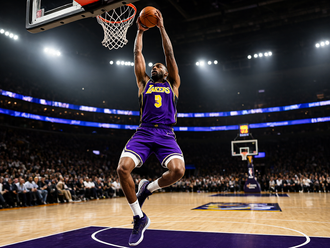 NBA篮球比赛现场，球员跃起扣篮的精彩瞬间